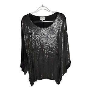 Belle France Sequin Top Blouse Womens Size Medium Gray Oversized‎ Flowy Party
